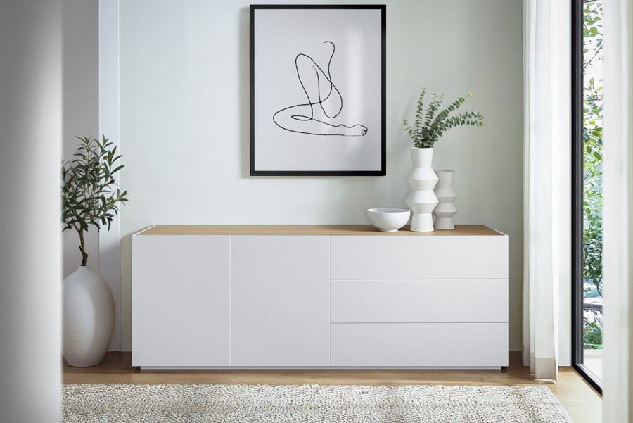 Sideboard 'Leo' 160 cm - Weiß matt lackiert mit Eichentop - auf Bodenplatte